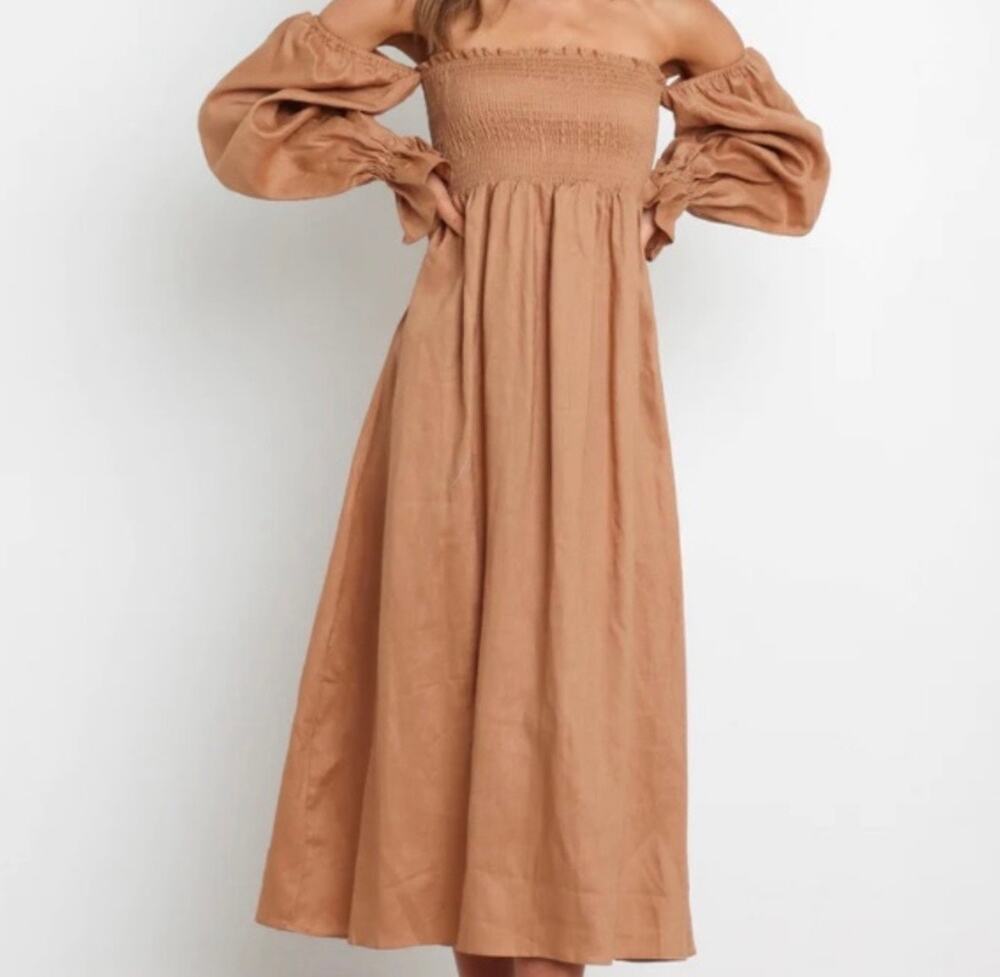 Petal & Pup Rust Brown Off-Shoulder Midi Dress